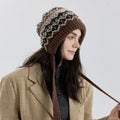 Vintage Ethnic Jacquard Knit Hat with Tie, Warm Winter Slouchy Beanie for Large Head Circumference, Unisex—Black