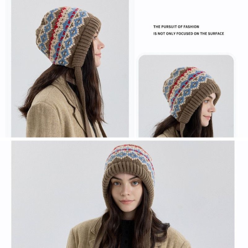 Vintage Ethnic Jacquard Knit Hat with Tie, Warm Winter Slouchy Beanie for Large Head Circumference, Unisex - Red