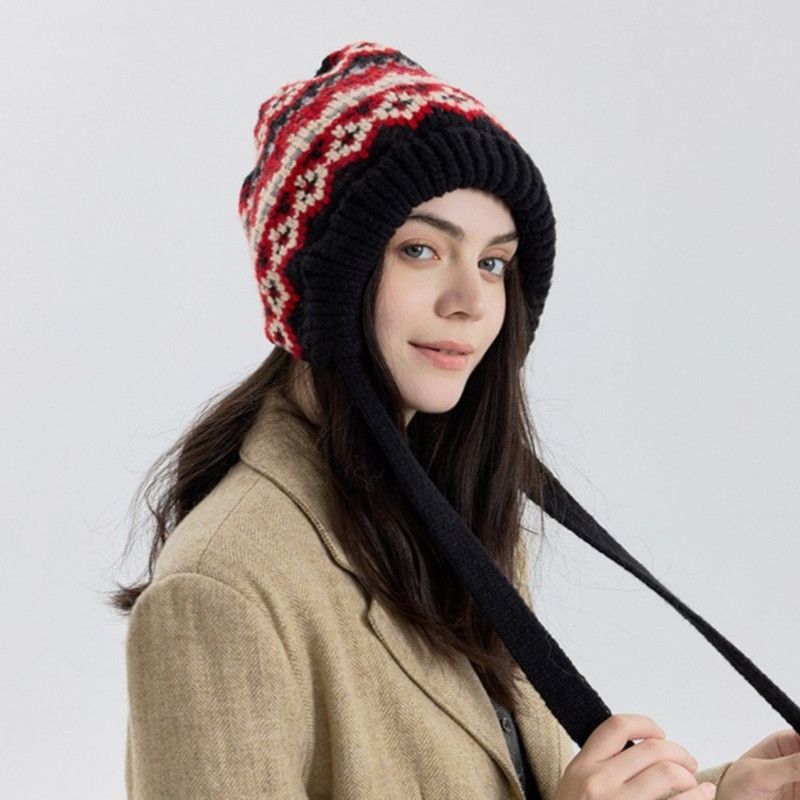 Vintage Ethnic Jacquard Knit Hat with Tie, Warm Winter Slouchy Beanie for Large Head Circumference, Unisex - Red