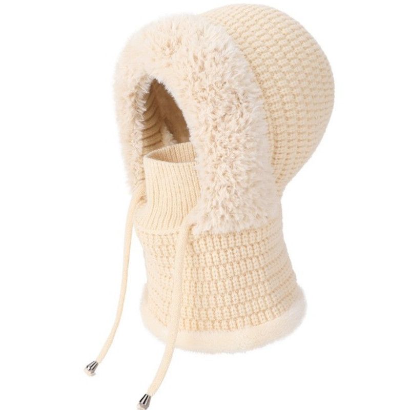 Fleece Ear Protection Integrated Knit Hat, Women's Windproof Balaclava Hat with Face Mask & Neck Warmer - Beige
