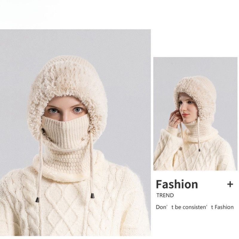 Fleece Ear Protection Integrated Knit Hat, Women's Windproof Balaclava Hat with Face Mask & Neck Warmer - Beige