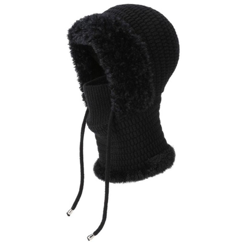 Fleece Ear Protection Integrated Knit Hat, Women's Windproof Balaclava Hat with Face Mask & Neck Warmer - Black
