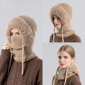 Fleece Ear Protection Integrated Knit Hat, Women's Windproof Balaclava Hat with Face Mask & Neck Warmer - Khaki