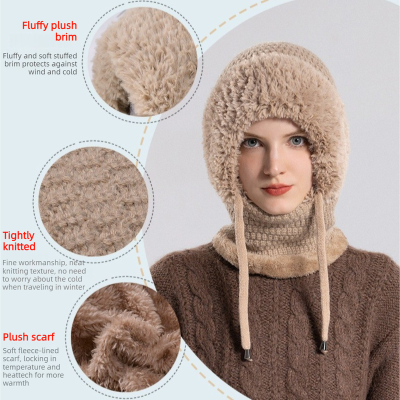 Fleece Ear Protection Integrated Knit Hat, Women's Windproof Balaclava Hat with Face Mask & Neck Warmer—Pink