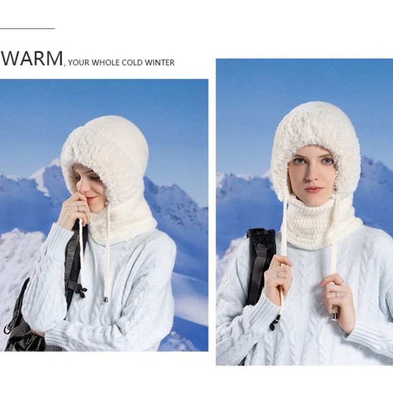 Fleece Ear Protection Integrated Knit Hat, Women's Windproof Balaclava Hat with Face Mask & Neck Warmer—White