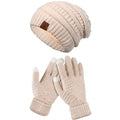 Vintage Cable-Knit Fleece-Lined Beanie & Touchscreen Gloves Set, Women's Warm Winter Knit Hat 2-Piece Set—Beige