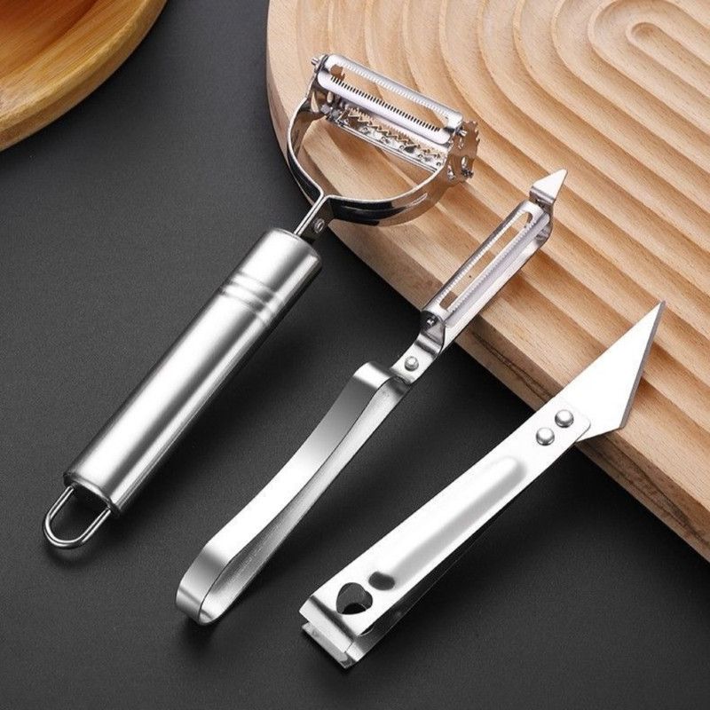 Stainless Steel Multi-function Peeler 3 Pcs Set, Fruit Vegetable Slicer Shaver & Tweezers Kitchen Tool Kit