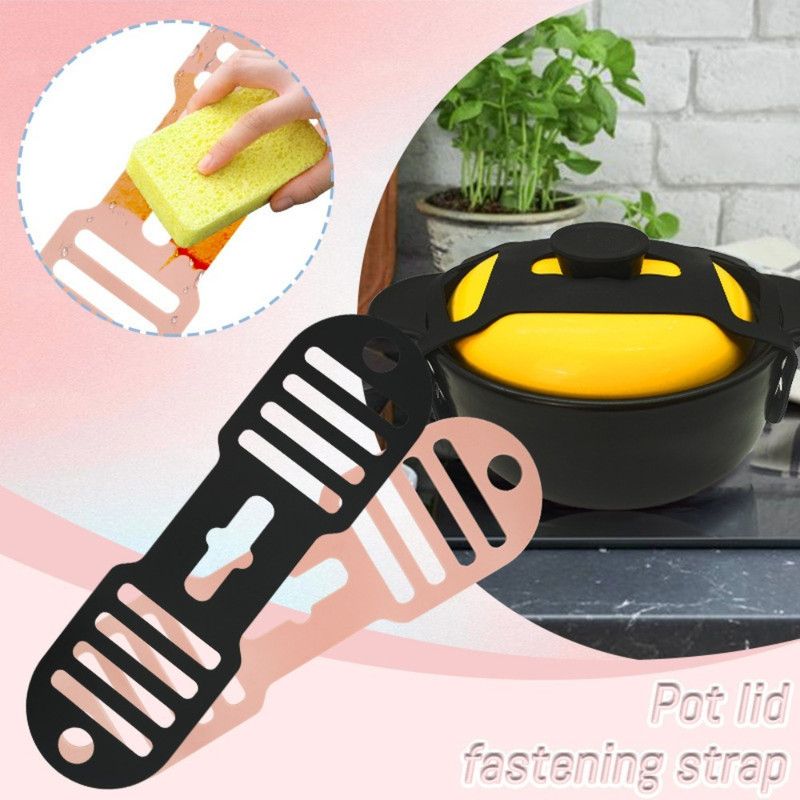 Silicone Pot Lid Fastening Strap, Portable Anti-Spill Lid Holder Strap for Casseroles and Stew Pots—Black