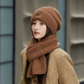 Women's Winter Knit Beanie & Scarf Set, Thick Vertical Stripe Warm Slouchy Hat with Ear Protection and Scarf—Brown