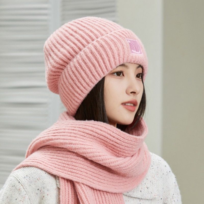 Women's Winter Knit Beanie & Scarf Set, Thick Vertical Stripe Warm Slouchy Hat with Ear Protection and Scarf—Pink
