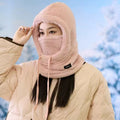 Fleece Drawstring Integrated Balaclava Hat, 3-in-1 Windproof Neck and Face Cover, Warm Cap for Winter Cycling - Pink