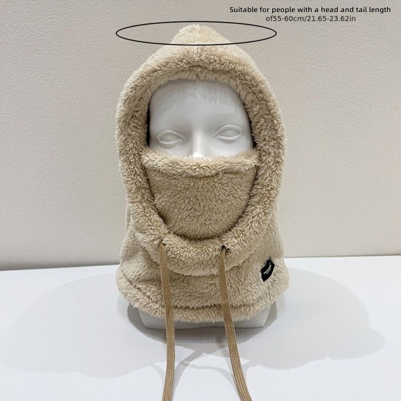 Fleece Drawstring Integrated Balaclava Hat, 3-in-1 Windproof Neck and Face Cover, Warm Cap for Winter Cycling—White