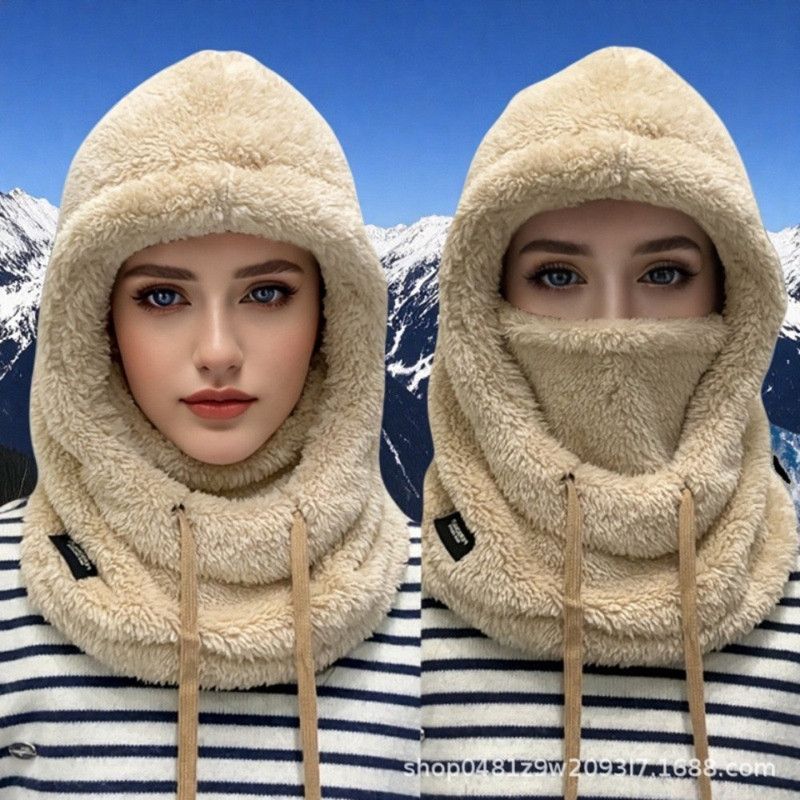 Fleece Drawstring Integrated Balaclava Hat, 3-in-1 Windproof Neck and Face Cover, Warm Cap for Winter Cycling—White