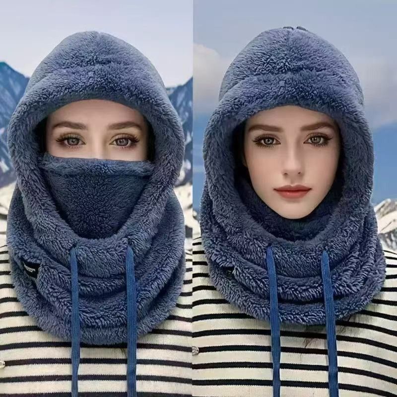 Fleece Drawstring Integrated Balaclava Hat, 3-in-1 Windproof Neck and Face Cover, Warm Cap for Winter Cycling—White