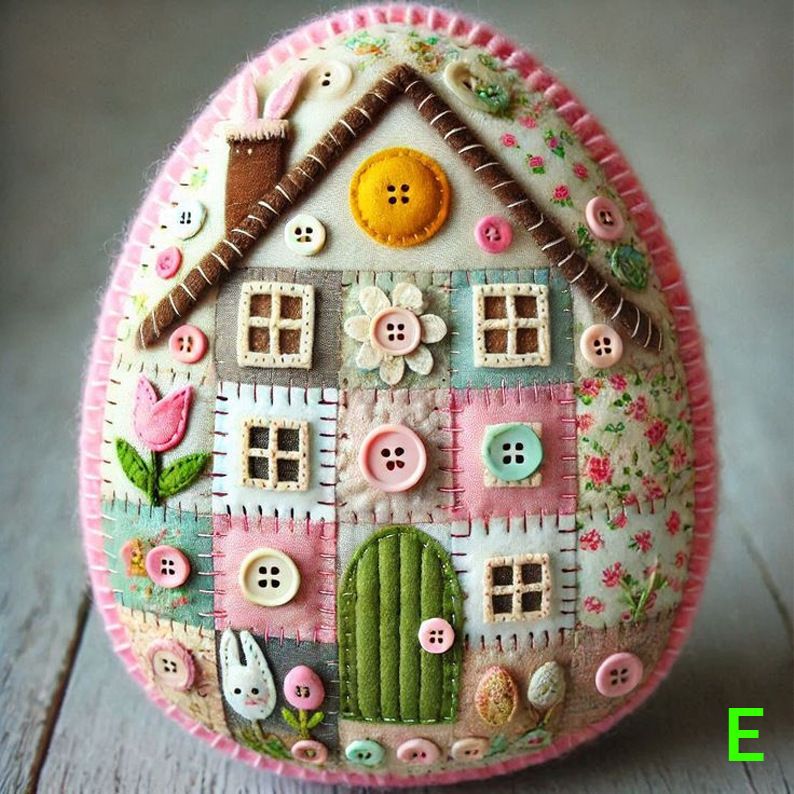 Egg Shaped Handmade Felt House Ornament, Patchwork Fabric Easter Decor, Button Floral Bunny Soft Sewing Craft, Vintage Cottage Tabletop Decor Gift