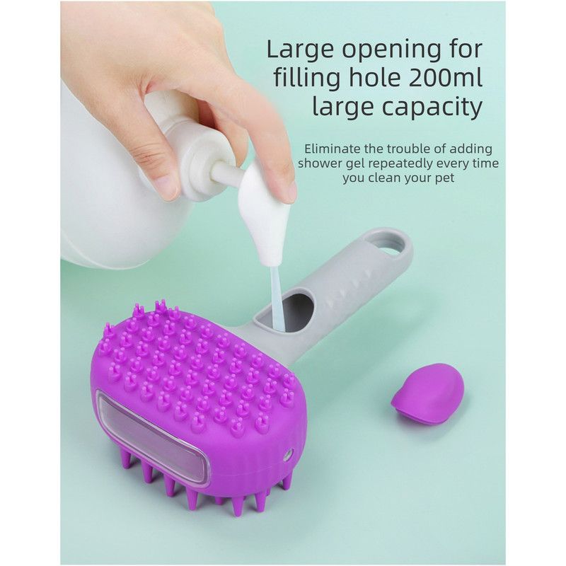 Pet Bath Brush Massage Shampoo Dispensing Grooming Brush for Dog Cat Hair Cleaning-purple