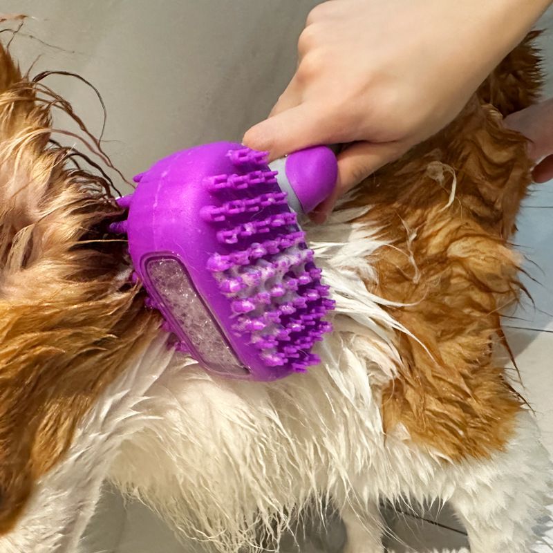 Pet Bath Brush Massage Shampoo Dispensing Grooming Brush for Dog Cat Hair Cleaning-purple