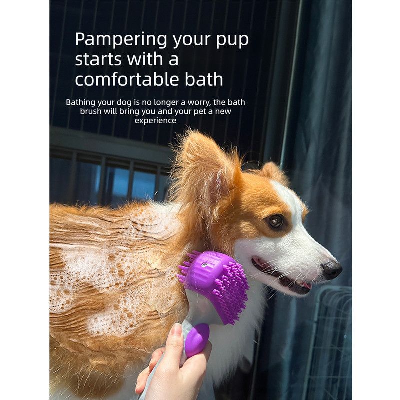 Pet Bath Brush Massage Shampoo Dispensing Grooming Brush for Dog Cat Hair Cleaning-purple