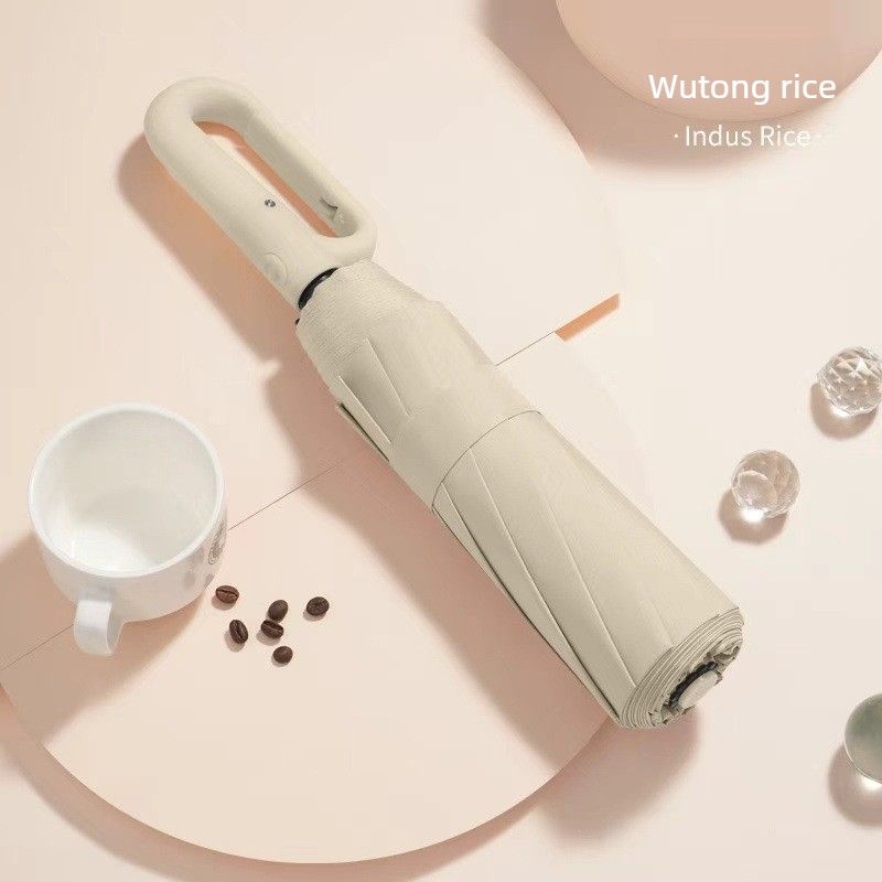 Automatic Open Close Folding Umbrella 105cm Large Canopy Windproof Double Ribs Travel Rain Umbrella-Beige