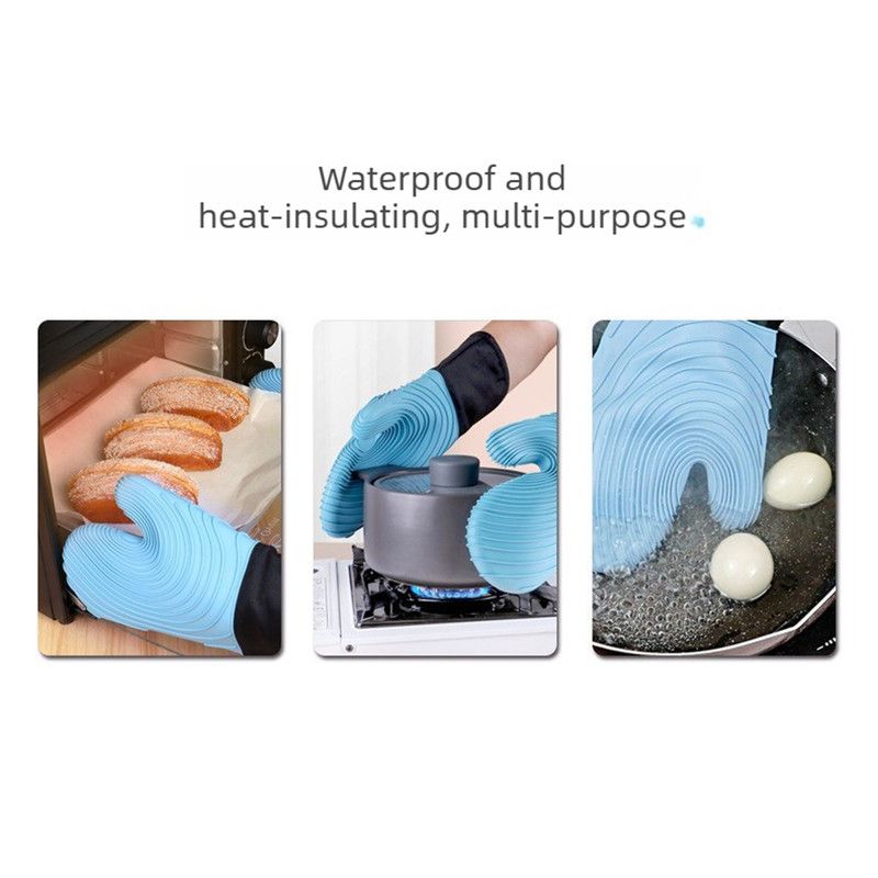 Heat Resistant Silicone Oven Mitts Non Slip Double Layer Cooking Baking Gloves For Kitchen BBQ-Sky Blue