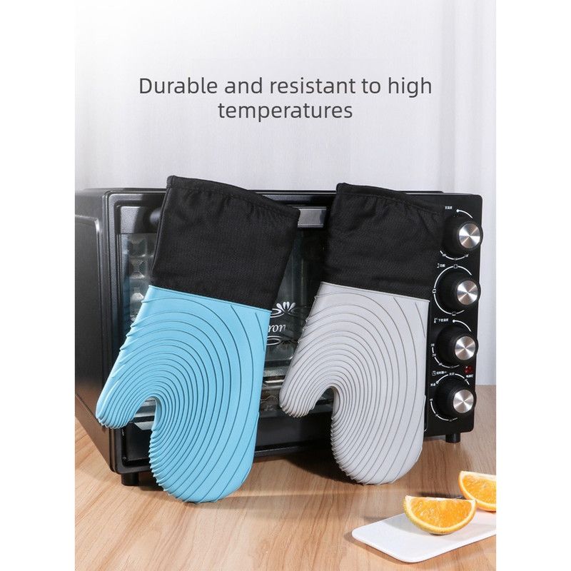 Heat Resistant Silicone Oven Mitts Non Slip Double Layer Cooking Baking Gloves For Kitchen BBQ-New Blue