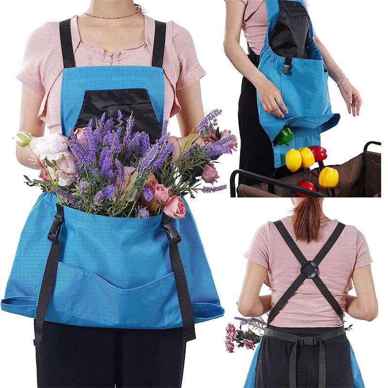 Garden Harvest Apron with Large Detachable Harvest Pouch, Adjustable Shoulder Strap Fruit Vegetable Picking Waist Apron, Multi Use Gardening Gathering Apron for Backyard Farmer-blue