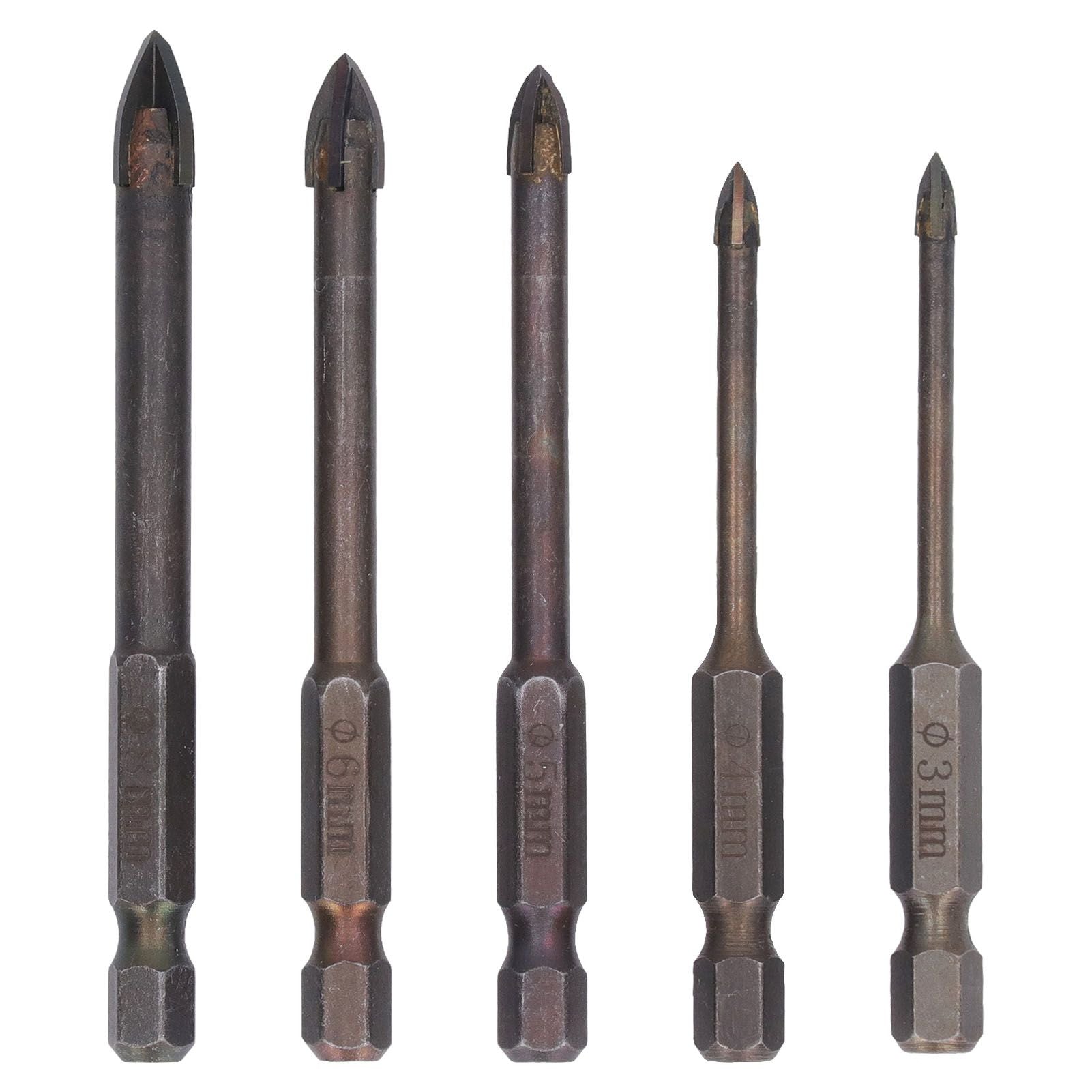 Drill Bit Set Unique Cross Design Cemented Carbide Hex Power Bits for Glass Ceramic Glass Tile Full Tile Brick Wall Wood 5 Piece Set