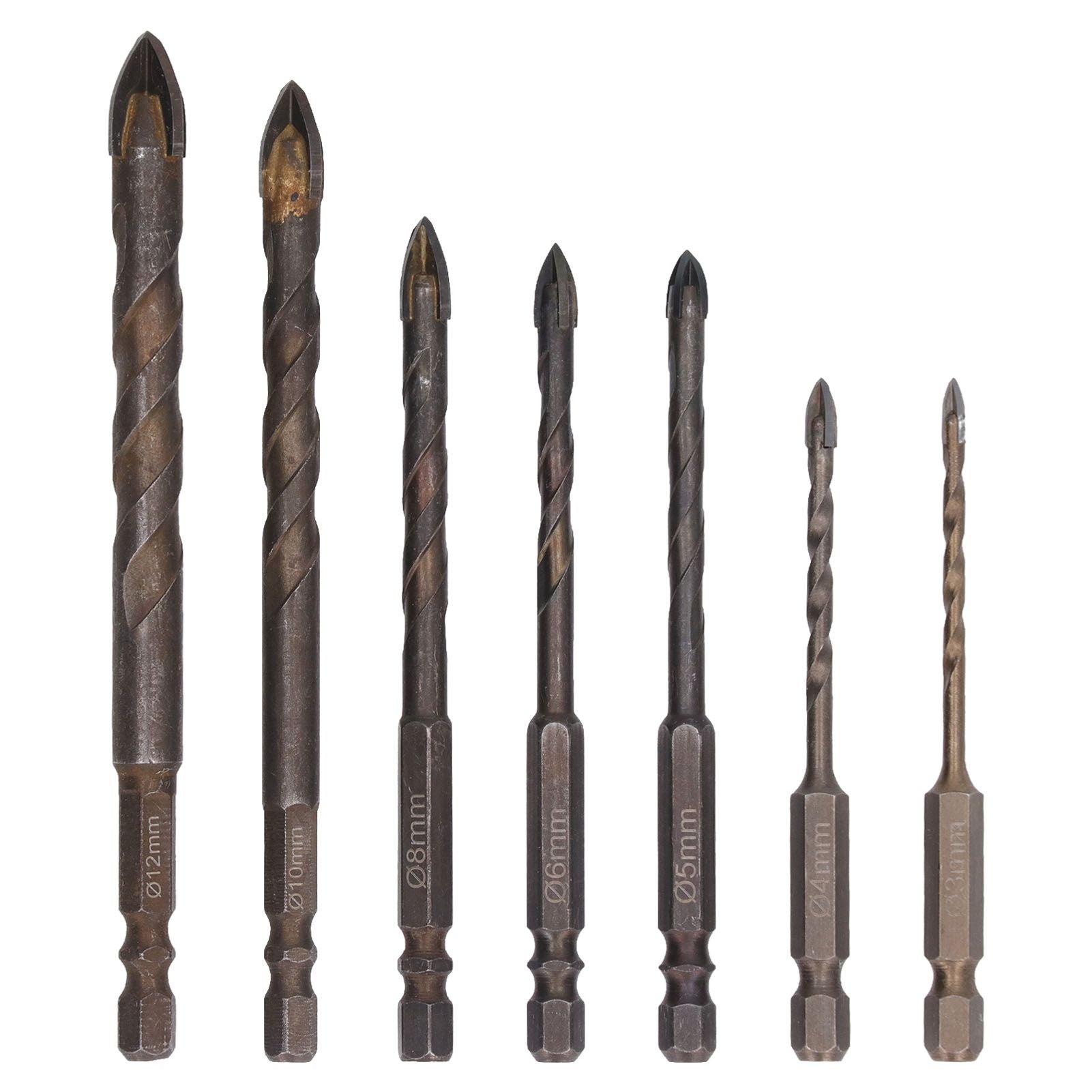 Drill Bit Set Unique Cross Design Cemented Carbide Hex Power Bits for Glass Ceramic Glass Tile Full Tile Brick Wall Wood 7 Piece Set