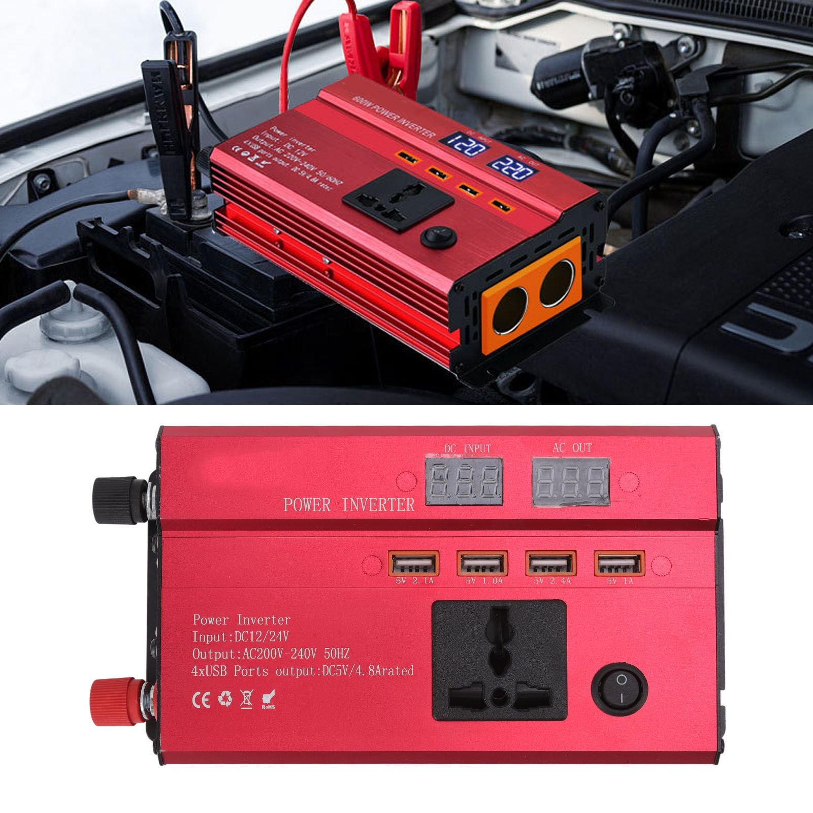 Car Power Inverter 12V 24V to 220V 420W LED Screen 4 USB Ports Aluminium