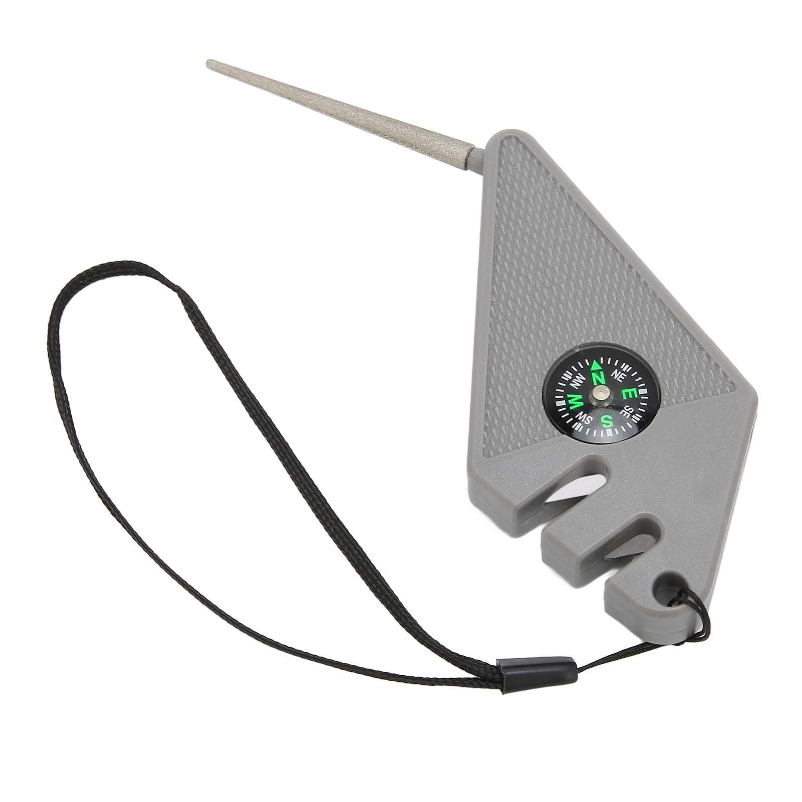 2PCS 6 in 1 Outdoor Knife Sharpener with Compass Survival Whistle Fish Hook Grinding Polishing Portable Gray