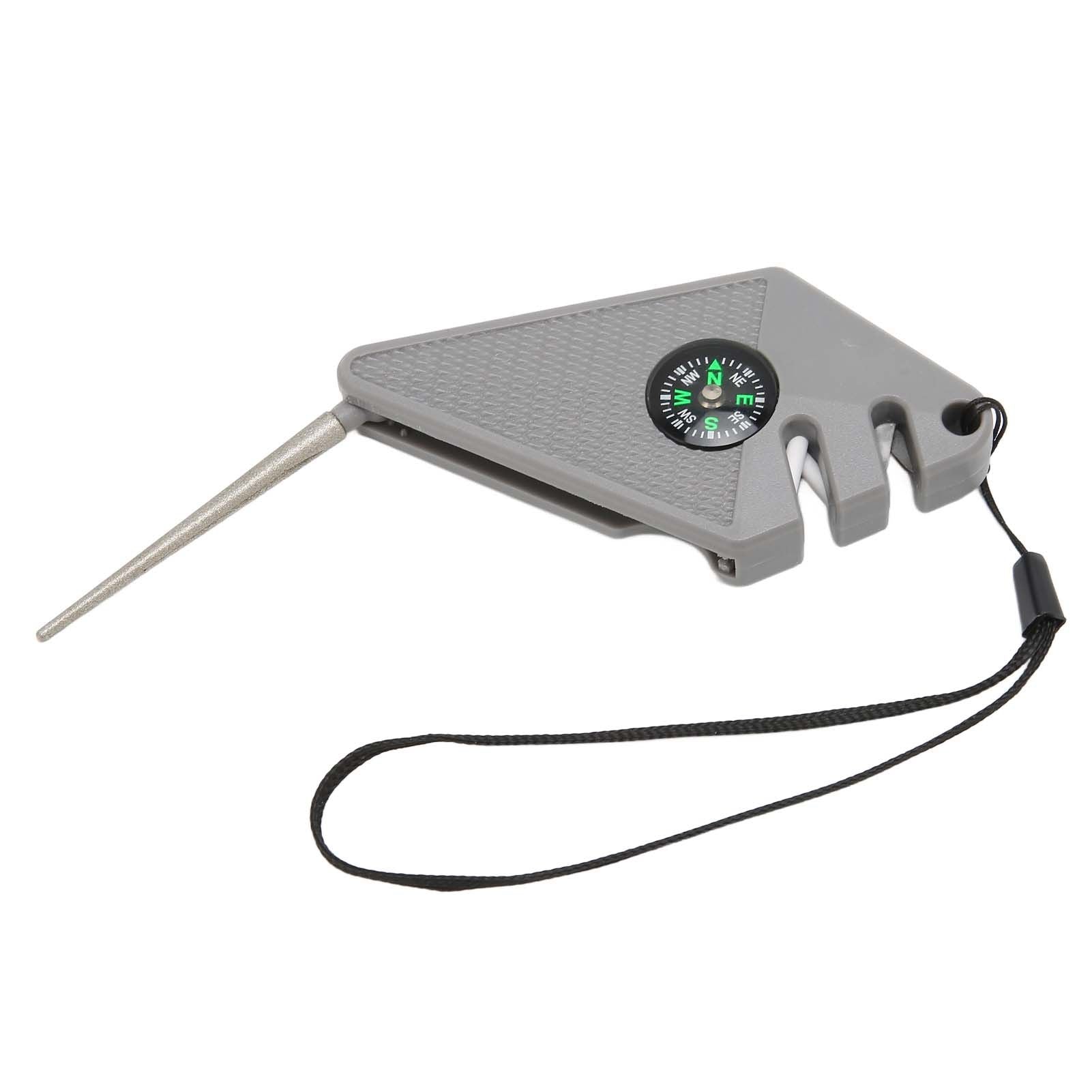 2PCS 6 in 1 Outdoor Knife Sharpener with Compass Survival Whistle Fish Hook Grinding Polishing Portable Gray
