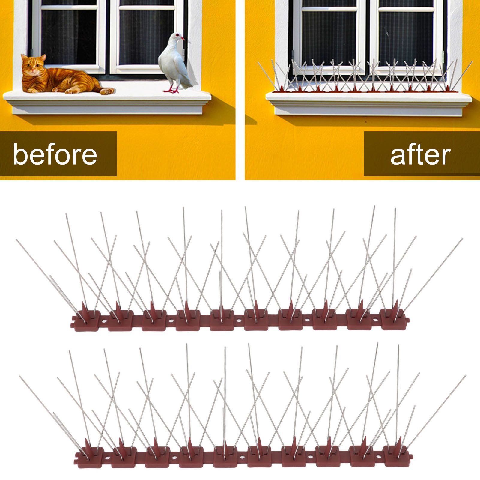 Bird Spikes 15 Feet Stainless Steel Pigeon Deterrent Spikes for Fence Roof Mailbox Window SK430 (2+2)