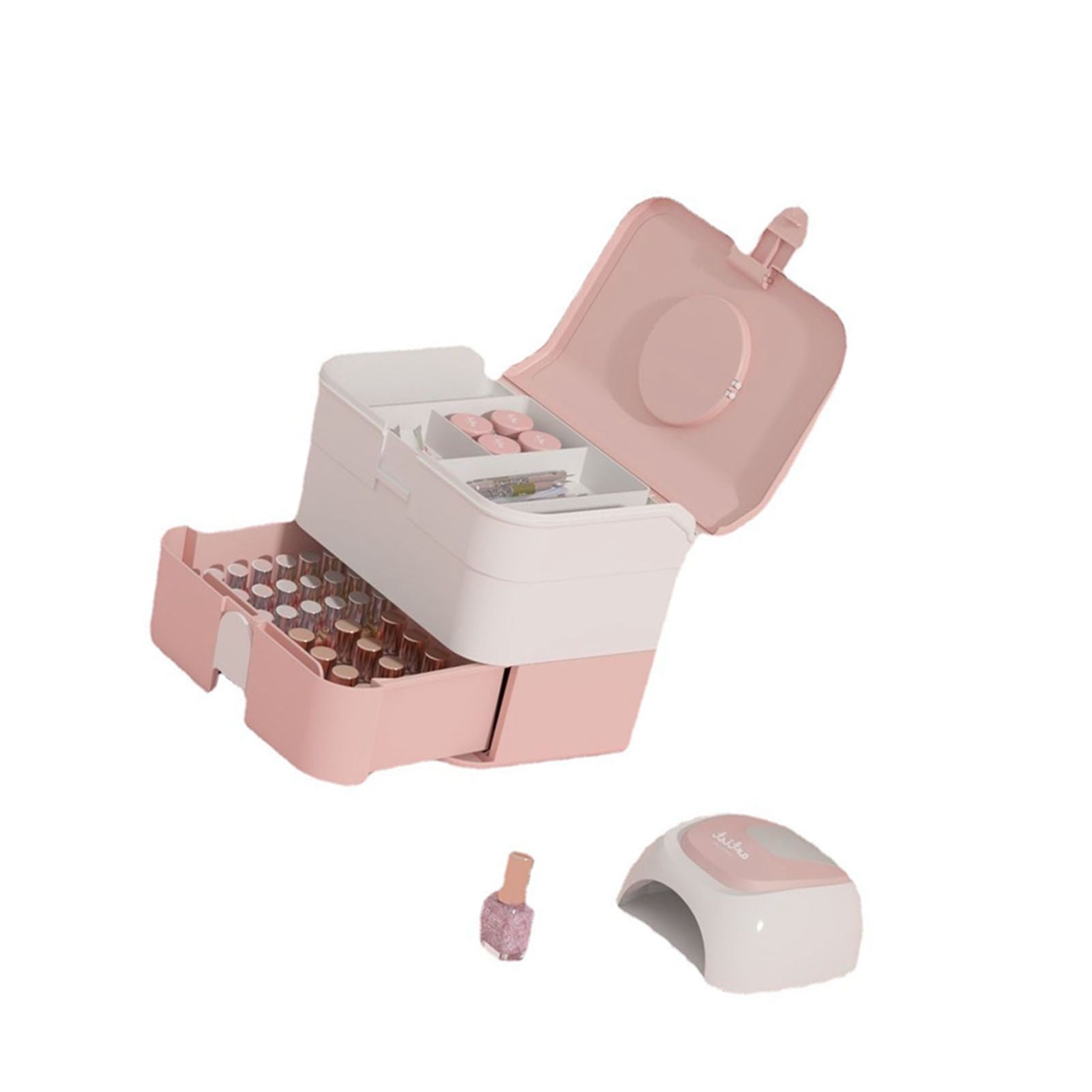 Cosmetic Storage Box 2 Layers Drawer Large Capacity Portable Makeup Storage Box with Handle for Nail Polish Nail Art Pink