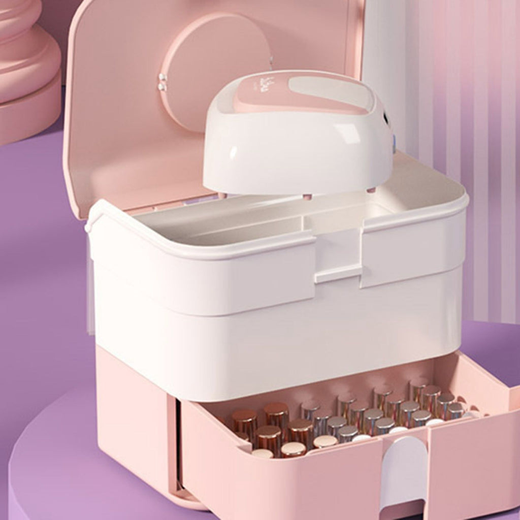Cosmetic Storage Box 2 Layers Drawer Large Capacity Portable Makeup Storage Box with Handle for Nail Polish Nail Art Pink