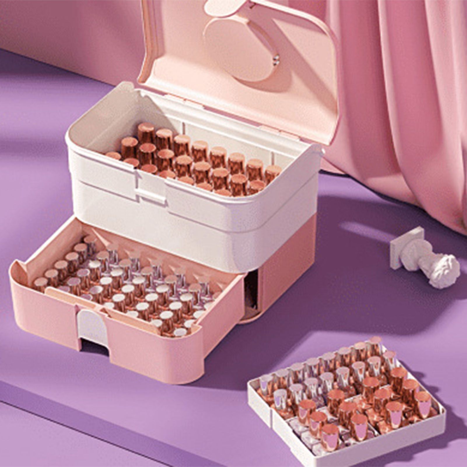 Cosmetic Storage Box 2 Layers Drawer Large Capacity Portable Makeup Storage Box with Handle for Nail Polish Nail Art Pink