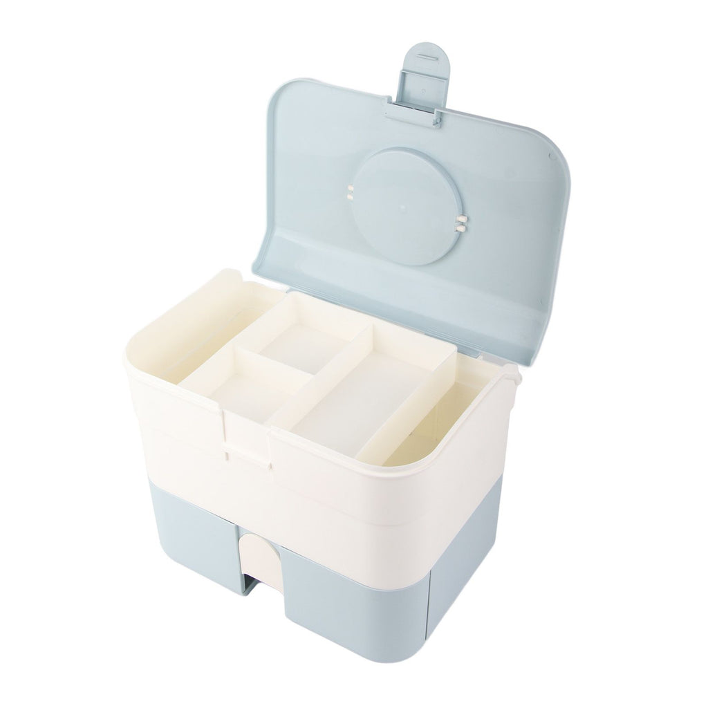 Cosmetic Storage Box 2 Layers Drawer Large Capacity Portable Makeup Storage Box with Handle for Nail Polish Nail Art Blue