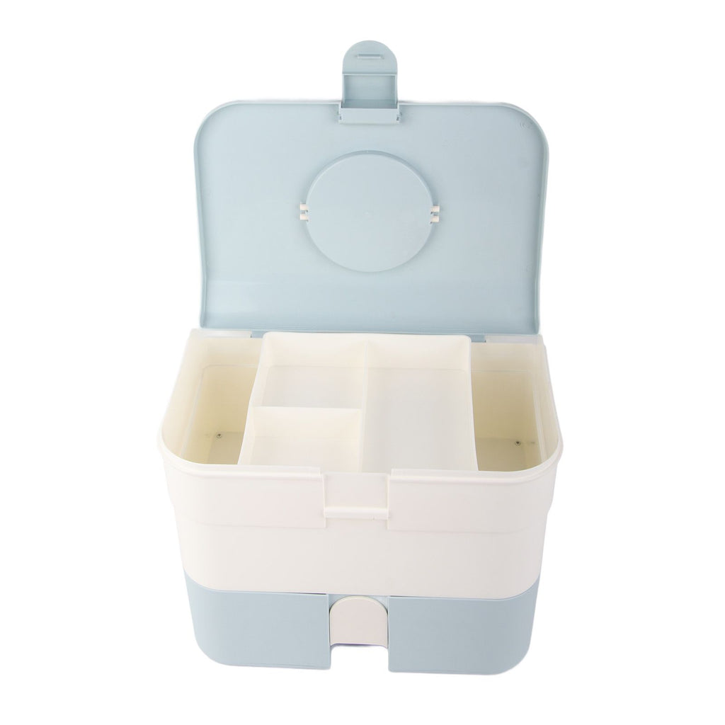 Cosmetic Storage Box 2 Layers Drawer Large Capacity Portable Makeup Storage Box with Handle for Nail Polish Nail Art Blue