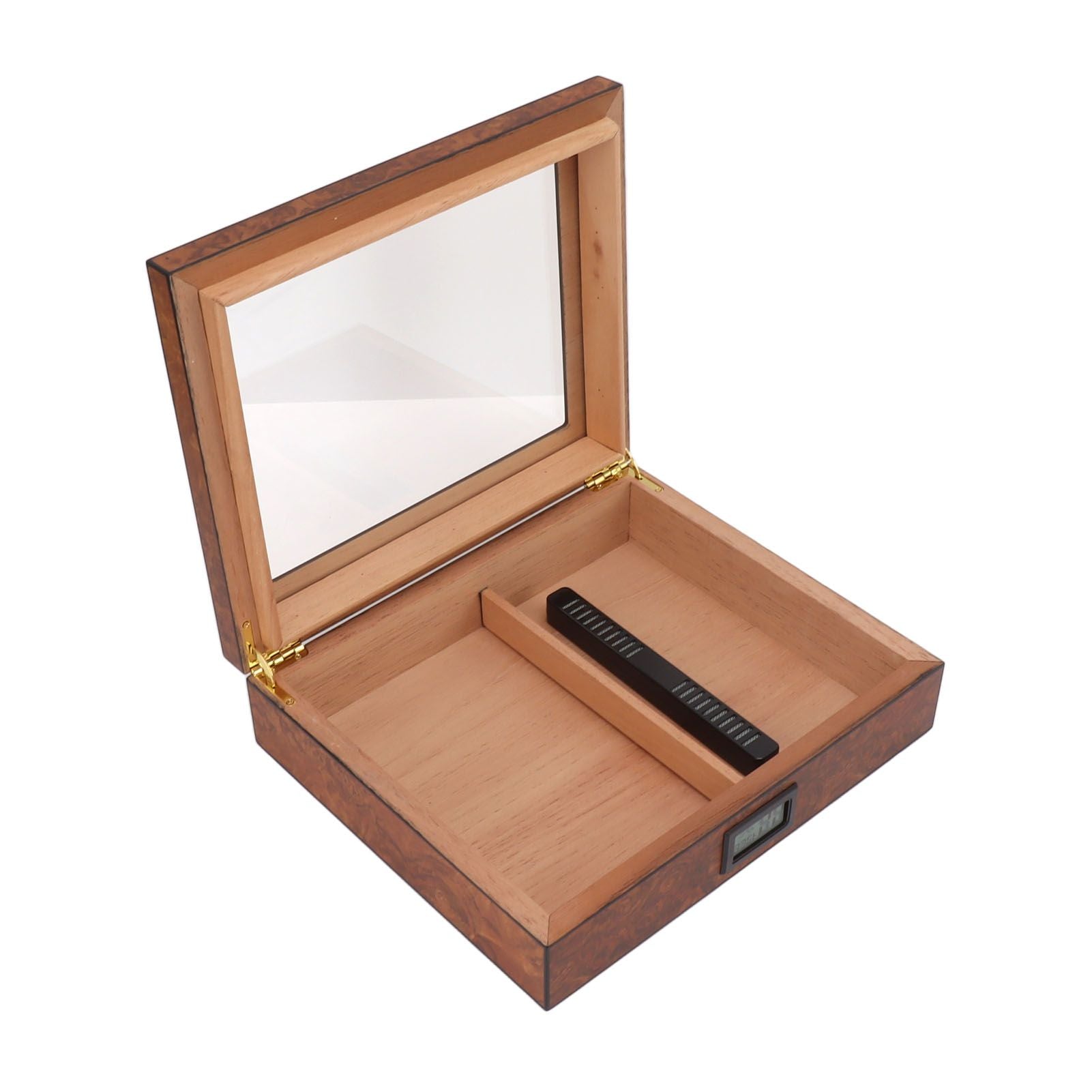 Cigar Humidor Box Portable Cedar Wood Glass Top Cigar Storage Case with Digital Hygrometer Brown