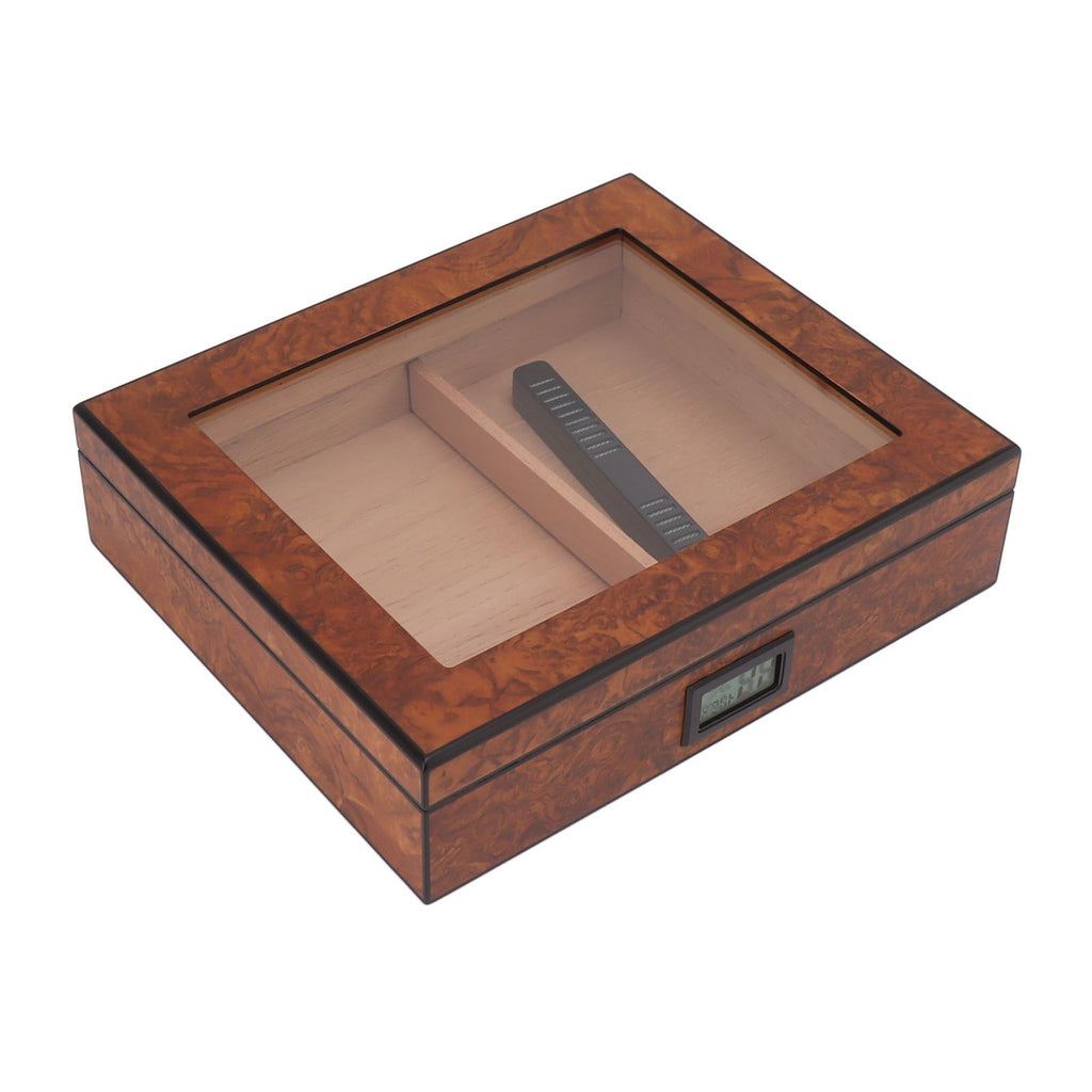 Cigar Humidor Box Portable Cedar Wood Glass Top Cigar Storage Case with Digital Hygrometer Brown