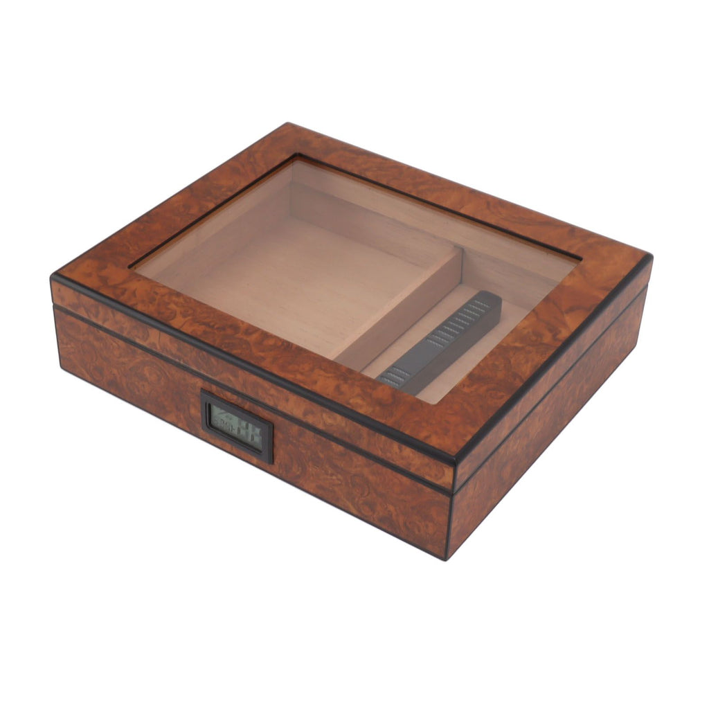 Cigar Humidor Box Portable Cedar Wood Glass Top Cigar Storage Case with Digital Hygrometer Brown