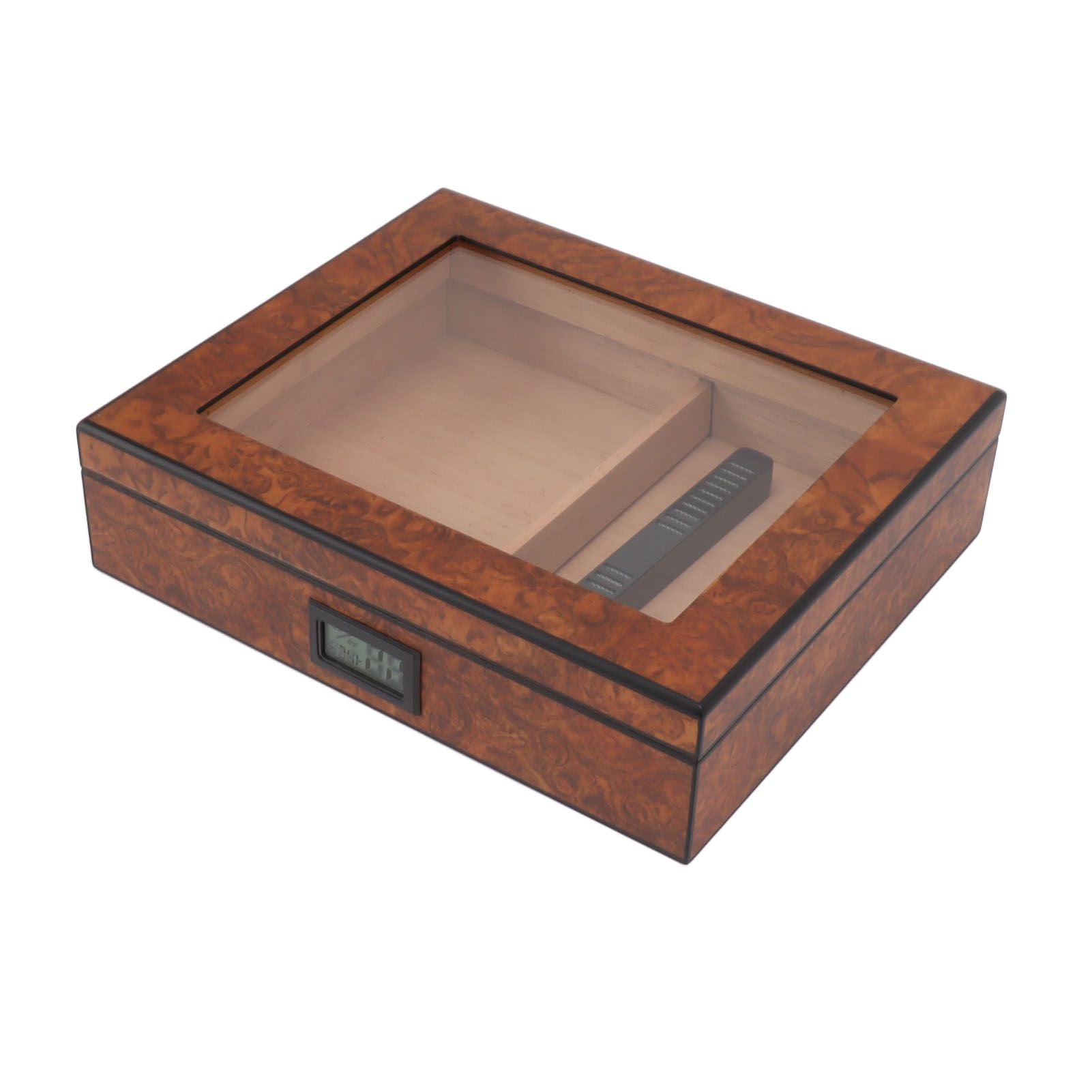 Cigar Humidor Box Portable Cedar Wood Glass Top Cigar Storage Case with Digital Hygrometer Brown