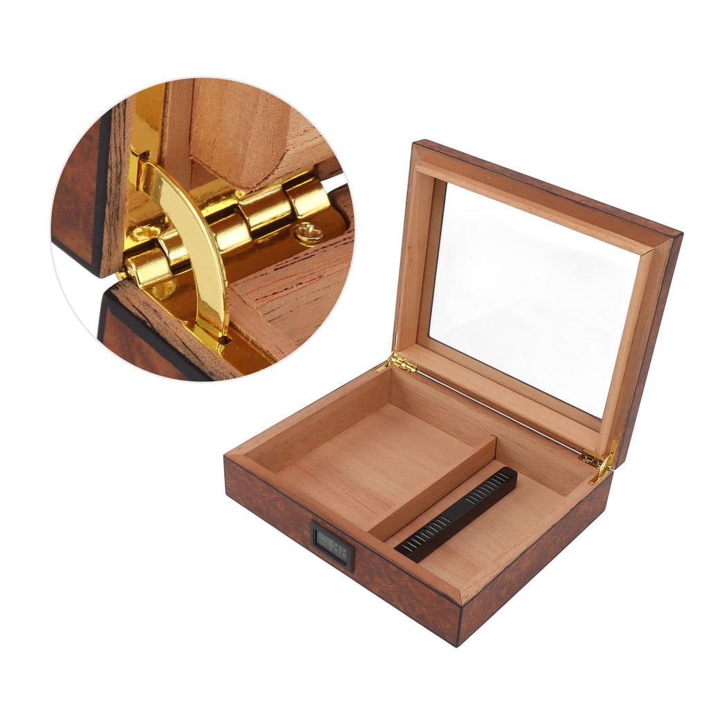 Cigar Humidor Box Portable Cedar Wood Glass Top Cigar Storage Case with Digital Hygrometer Brown