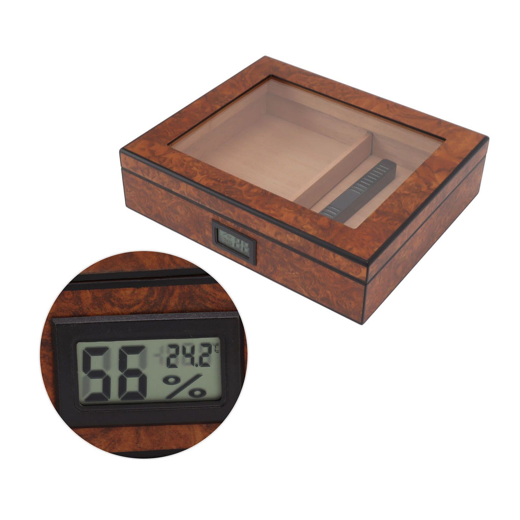 Cigar Humidor Box Portable Cedar Wood Glass Top Cigar Storage Case with Digital Hygrometer Brown