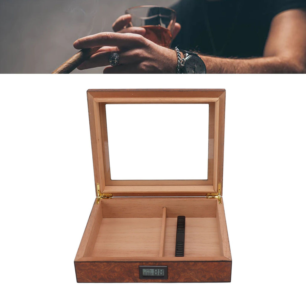 Cigar Humidor Box Portable Cedar Wood Glass Top Cigar Storage Case with Digital Hygrometer Brown
