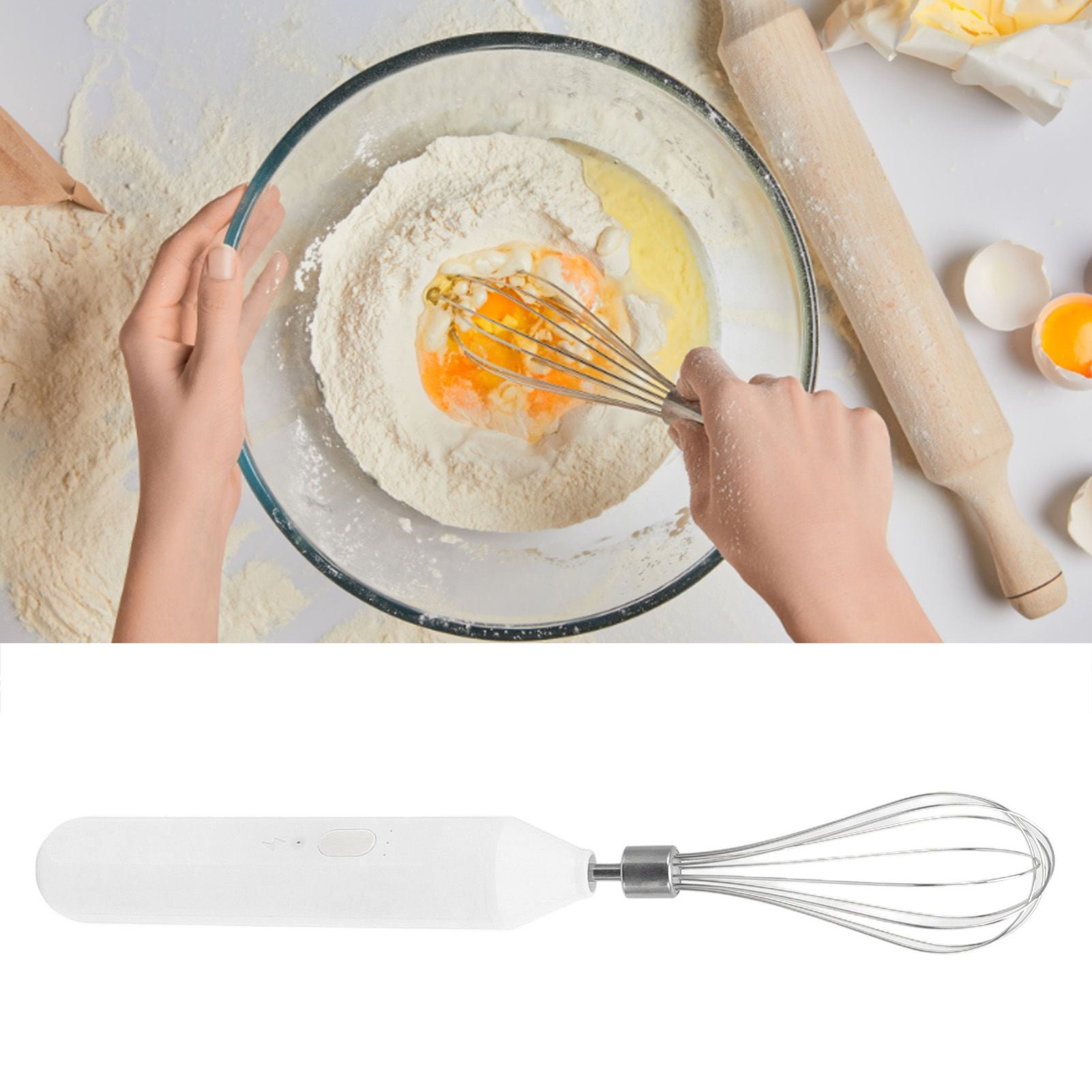 Electric Egg Beater Handheld USB Charging Milk Frother Portable Cordless Drink Mixer with Stainless Steel Whisk White