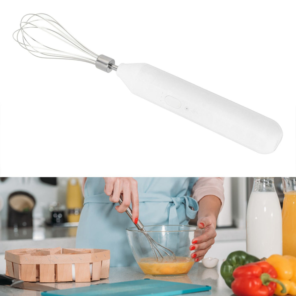 Electric Egg Beater Handheld USB Charging Milk Frother Portable Cordless Drink Mixer with Stainless Steel Whisk White