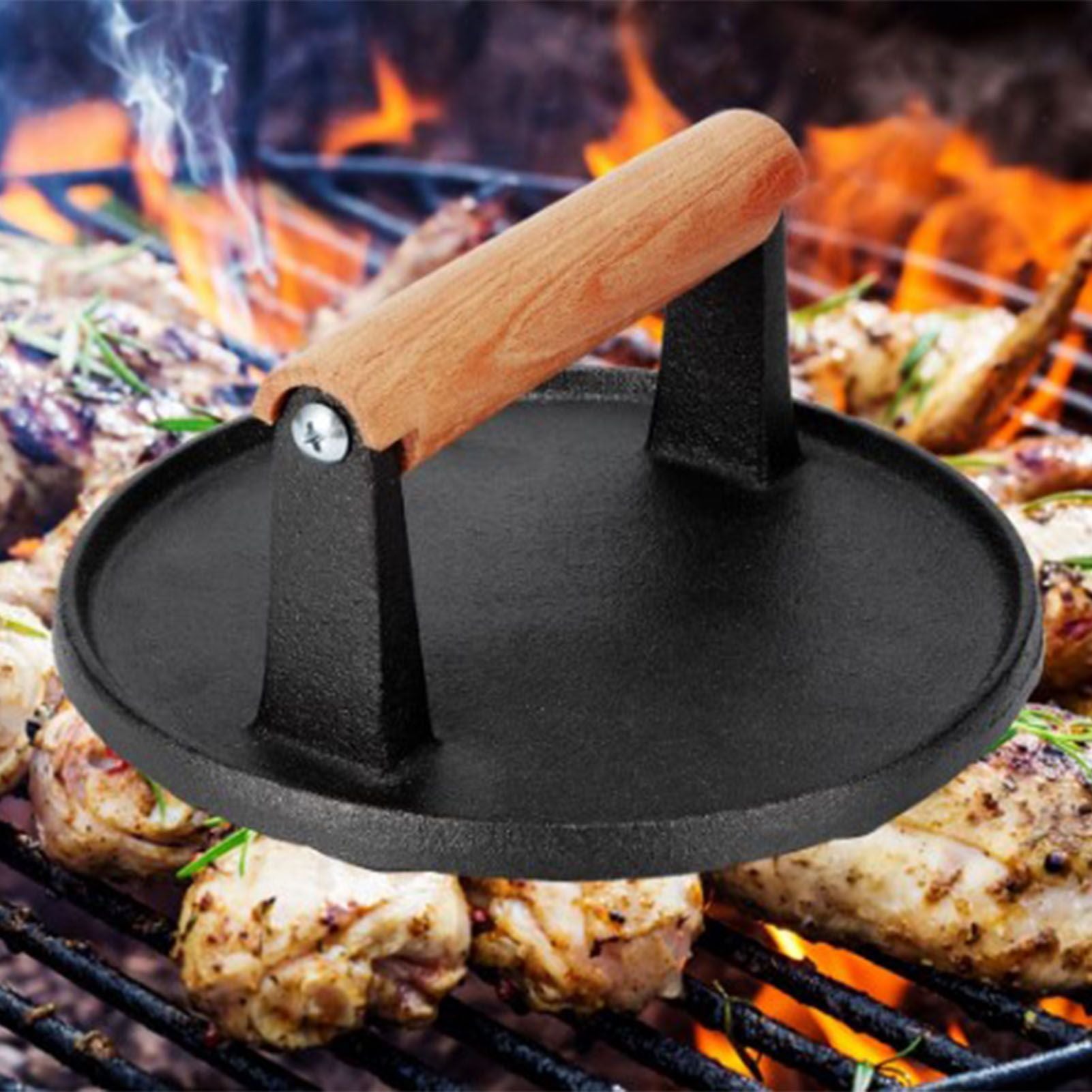 Squid Press Metal Round Patty Maker Meat Press Flattener Plate Barbecue Tool with Wood Handle for Outdoor Picnic