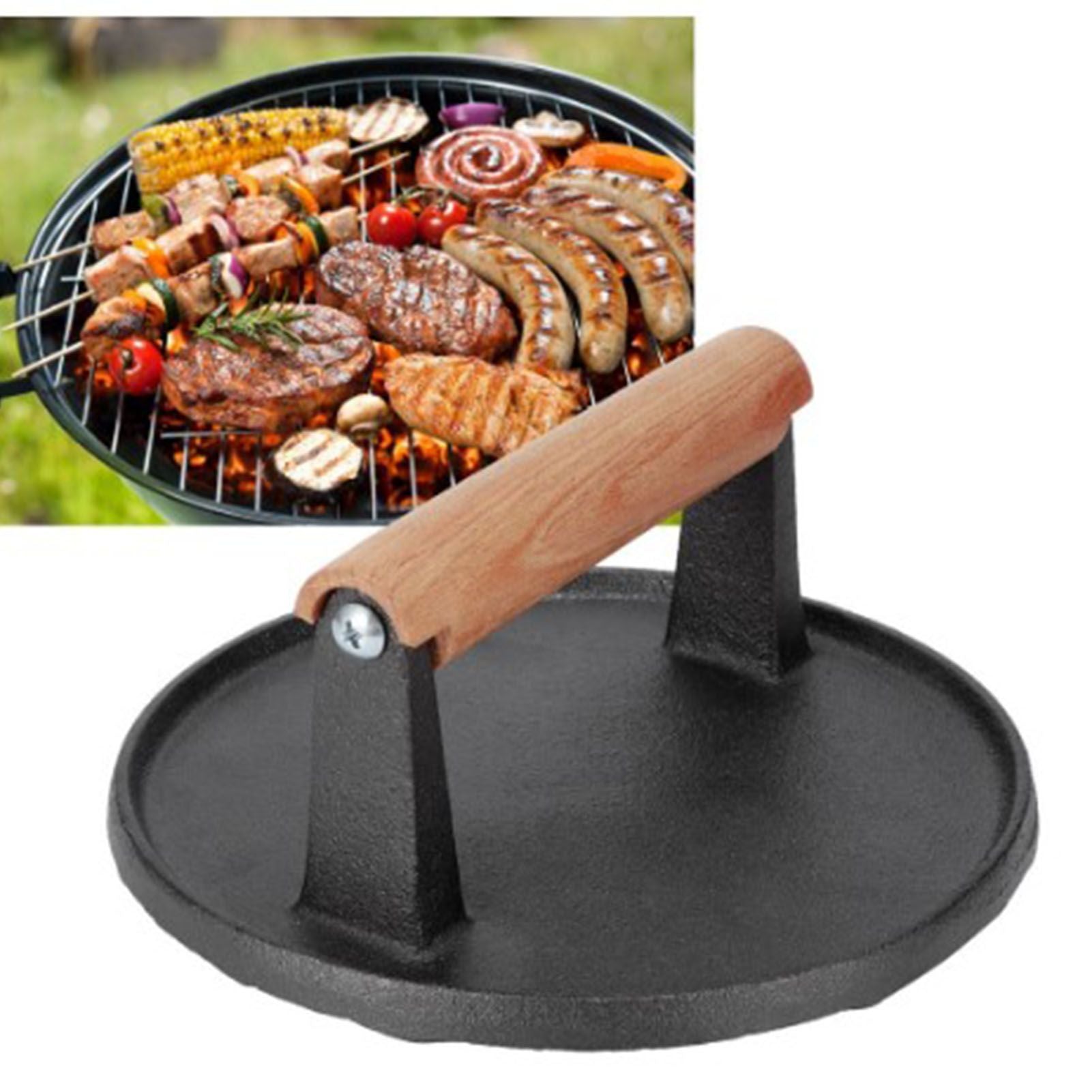 Squid Press Metal Round Patty Maker Meat Press Flattener Plate Barbecue Tool with Wood Handle for Outdoor Picnic