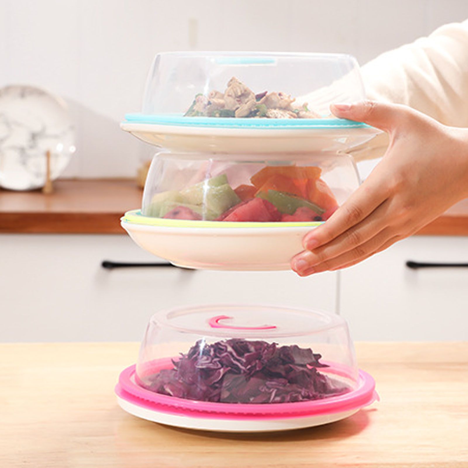 Microwave Heating Sealing Cover Transparent PP Stackable Temperature Keeping Plate Serving Cover for Kitchen Sky Blue