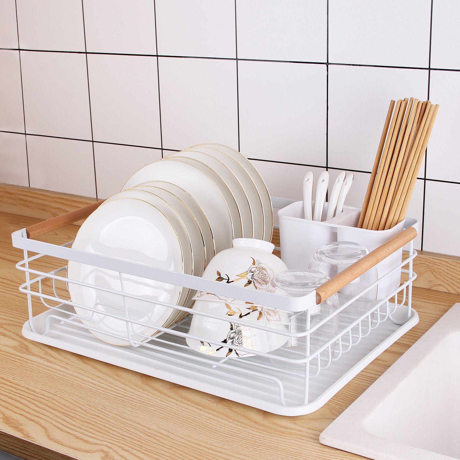 Dish Drainer Kitchen Monolayer Waterproof Cutlery Shelf Tabletop Utensil Storage Shelf White